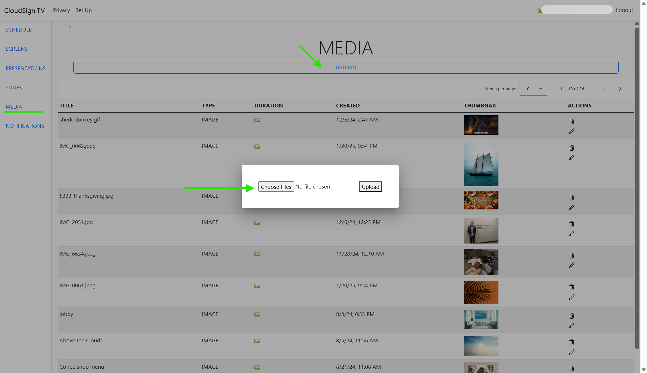 Media upload screen
